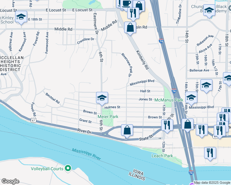 map of restaurants, bars, coffee shops, grocery stores, and more near 633 Riverview Terrace in Bettendorf