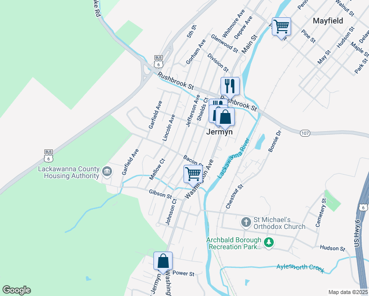 map of restaurants, bars, coffee shops, grocery stores, and more near 525 Jefferson Avenue in Jermyn
