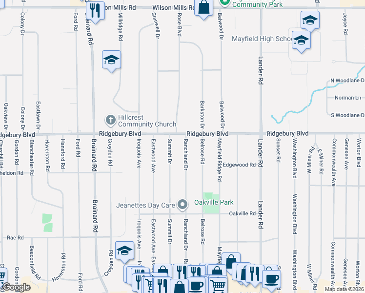 map of restaurants, bars, coffee shops, grocery stores, and more near 1101 Ranchland Drive in Mayfield Heights