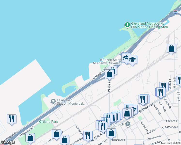 map of restaurants, bars, coffee shops, grocery stores, and more near 5455 North Marginal Road in Cleveland