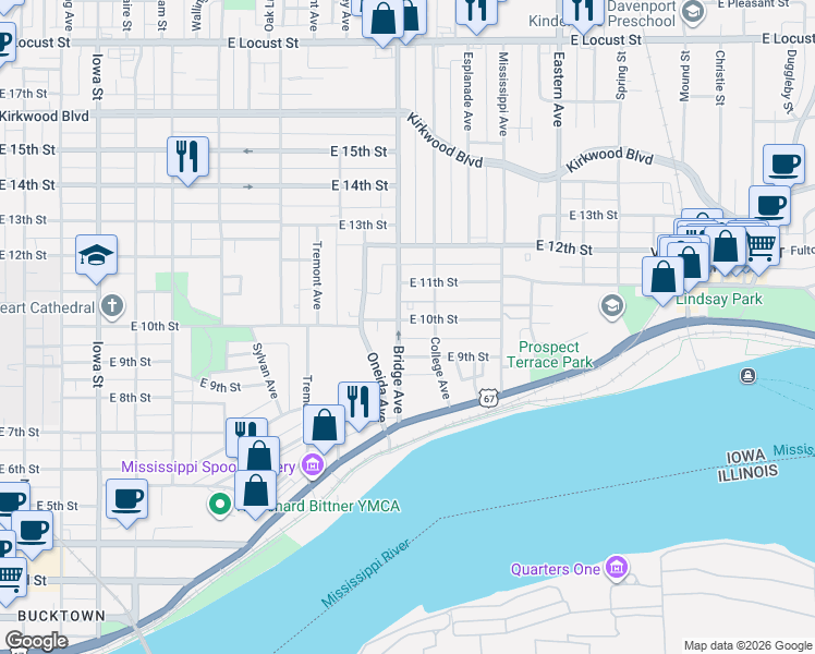 map of restaurants, bars, coffee shops, grocery stores, and more near 1002 Bridge Avenue in Davenport
