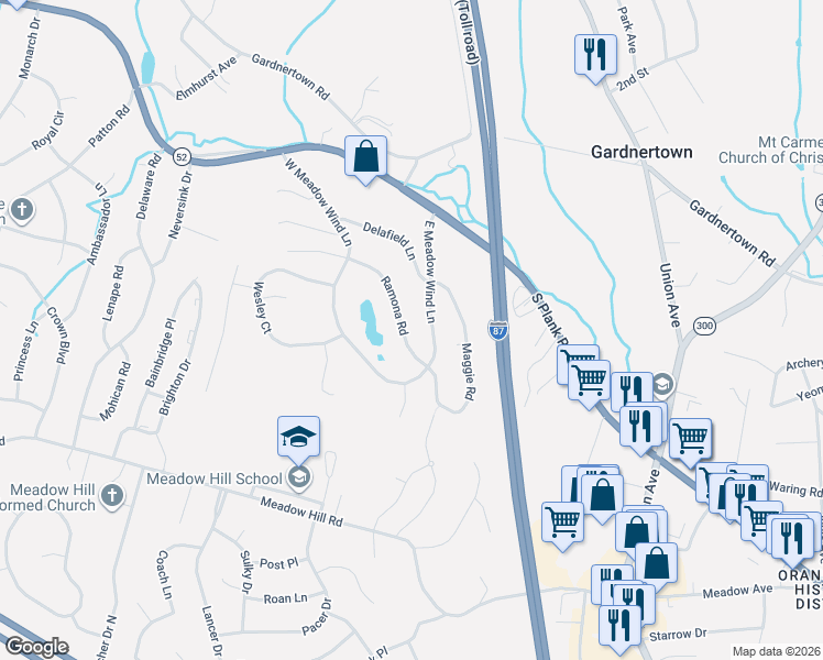 map of restaurants, bars, coffee shops, grocery stores, and more near 200 East Meadow Wind Lane in Newburgh