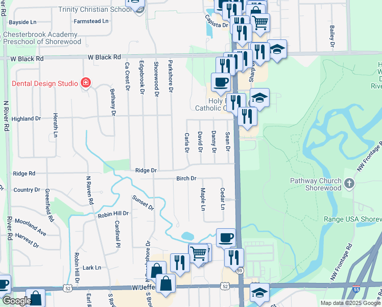 map of restaurants, bars, coffee shops, grocery stores, and more near 510 Carla Drive in Shorewood