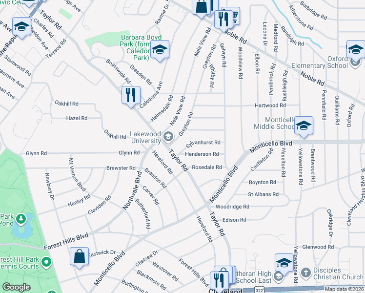 map of restaurants, bars, coffee shops, grocery stores, and more near 3357 Sylvanhurst Road in Cleveland Heights