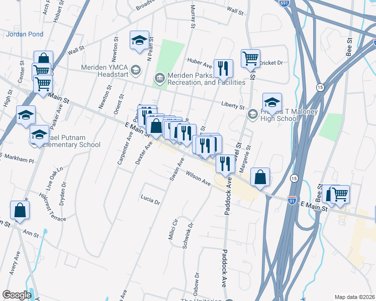 map of restaurants, bars, coffee shops, grocery stores, and more near 30 Williams Street in Meriden