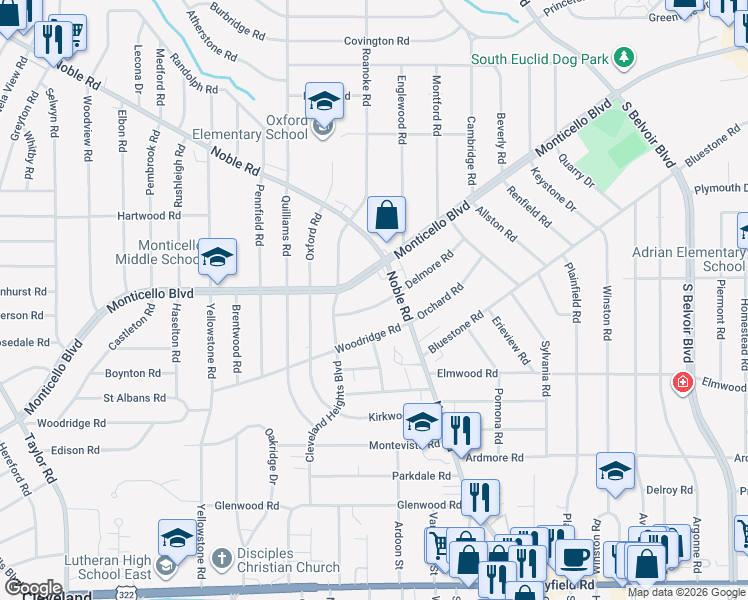 map of restaurants, bars, coffee shops, grocery stores, and more near 3821 Delmore Road in Cleveland Heights