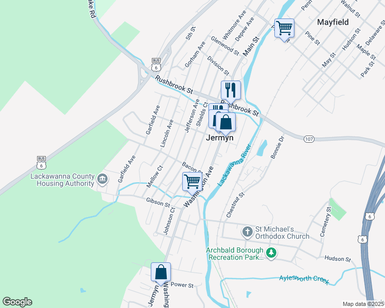 map of restaurants, bars, coffee shops, grocery stores, and more near 545 Madison Avenue in Jermyn