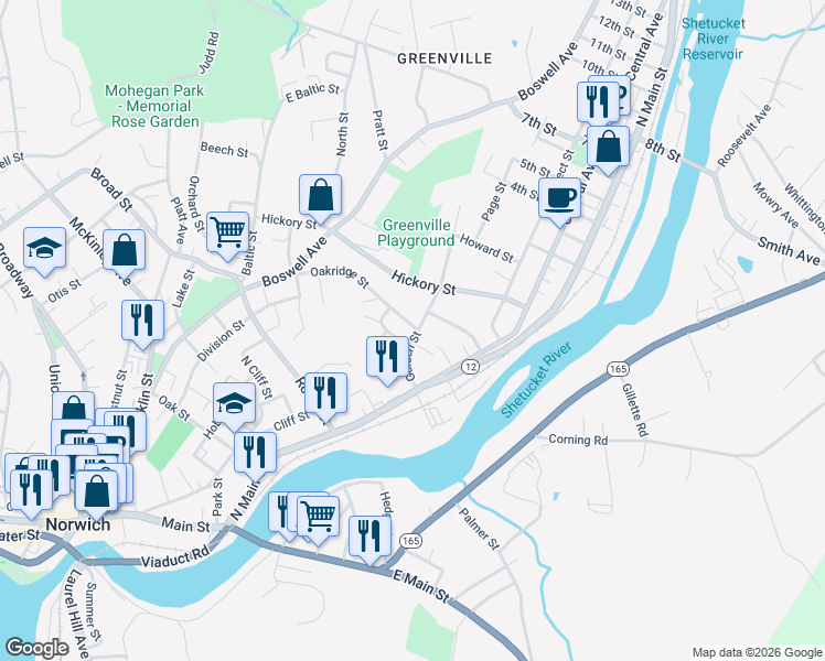 map of restaurants, bars, coffee shops, grocery stores, and more near 126 Oakridge Street in Norwich