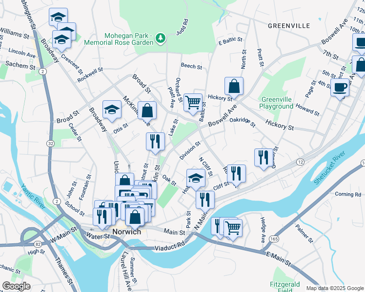 map of restaurants, bars, coffee shops, grocery stores, and more near 88 Boswell Avenue in Norwich