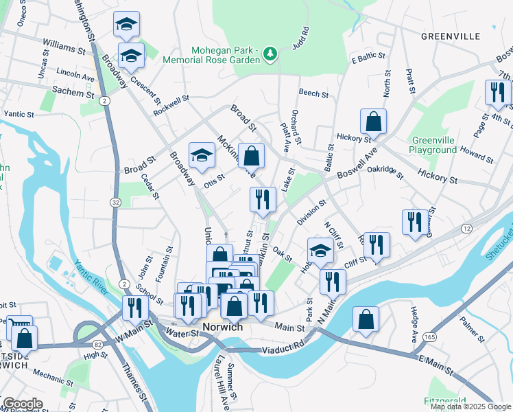 map of restaurants, bars, coffee shops, grocery stores, and more near 140 Chestnut Street in Norwich
