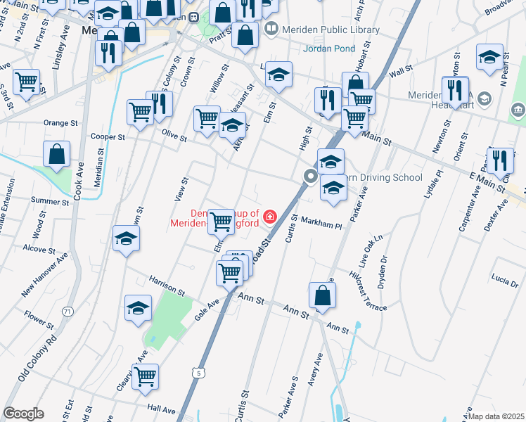map of restaurants, bars, coffee shops, grocery stores, and more near 360 Broad Street in Meriden