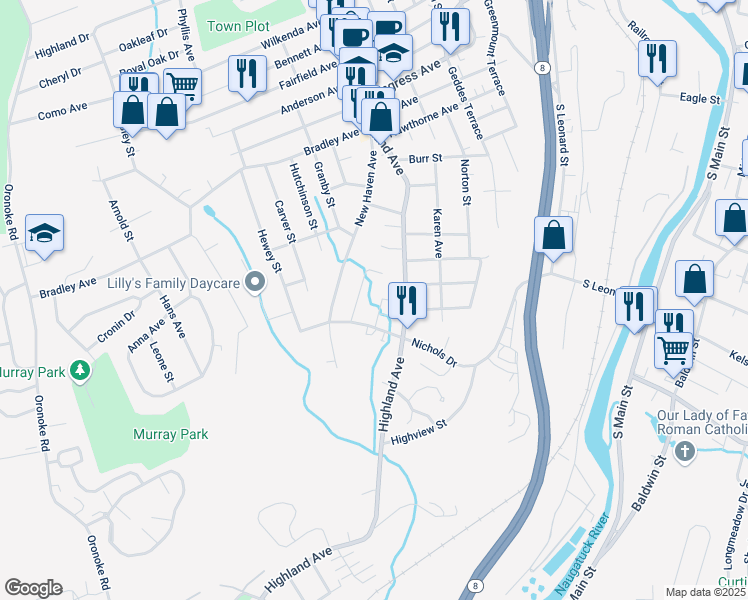map of restaurants, bars, coffee shops, grocery stores, and more near 64 Tedesco Drive in Waterbury