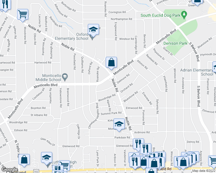 map of restaurants, bars, coffee shops, grocery stores, and more near 3808 Monticello Boulevard in Cleveland Heights
