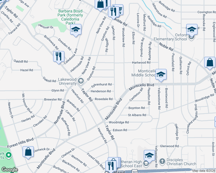 map of restaurants, bars, coffee shops, grocery stores, and more near 3431 Sylvanhurst Road in Cleveland Heights