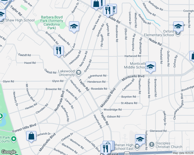 map of restaurants, bars, coffee shops, grocery stores, and more near 3391 Sylvanhurst Road in Cleveland Heights