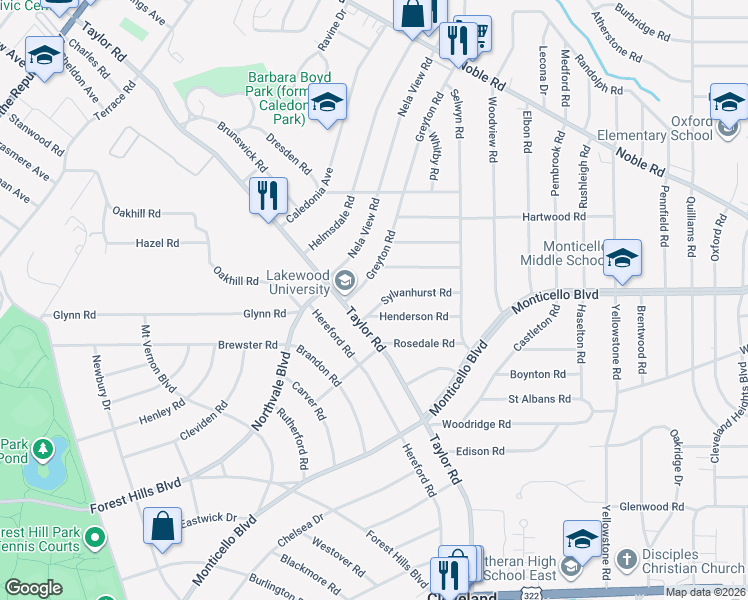 map of restaurants, bars, coffee shops, grocery stores, and more near 3357 Sylvanhurst Road in Cleveland Heights