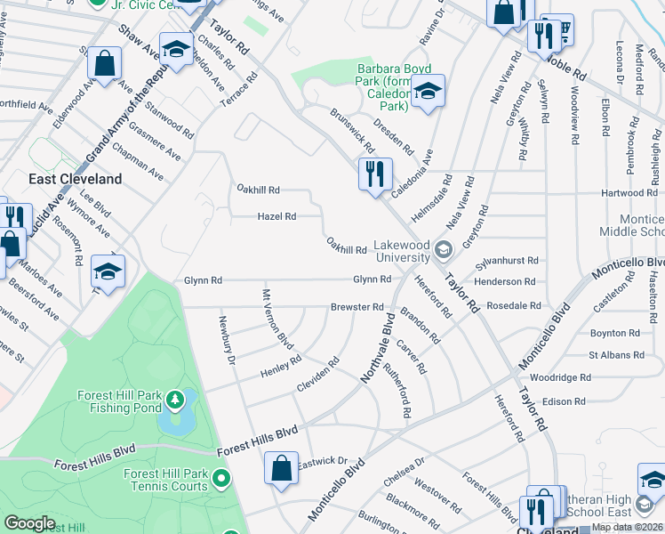 map of restaurants, bars, coffee shops, grocery stores, and more near 16210 Oakhill Road in East Cleveland
