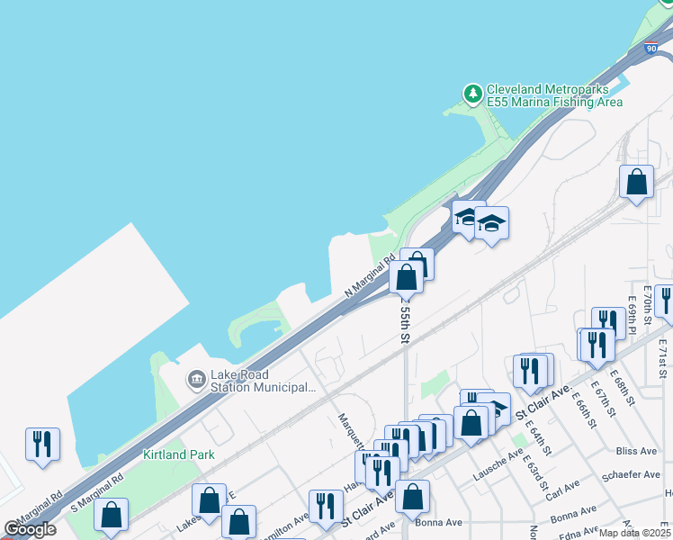 map of restaurants, bars, coffee shops, grocery stores, and more near 5455 North Marginal Road in Cleveland