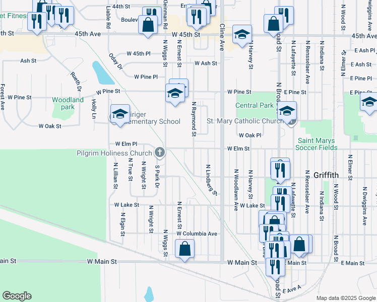 map of restaurants, bars, coffee shops, grocery stores, and more near 500-532 N Raymond St in Griffith