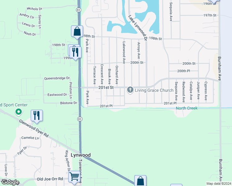 map of restaurants, bars, coffee shops, grocery stores, and more near 2600 201st Street in Lynwood