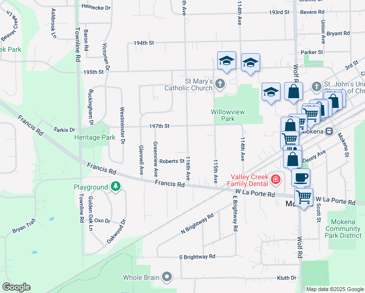 map of restaurants, bars, coffee shops, grocery stores, and more near 11629 Seminole Court in Mokena