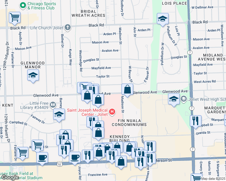 map of restaurants, bars, coffee shops, grocery stores, and more near 2209 West Acres Road in Joliet