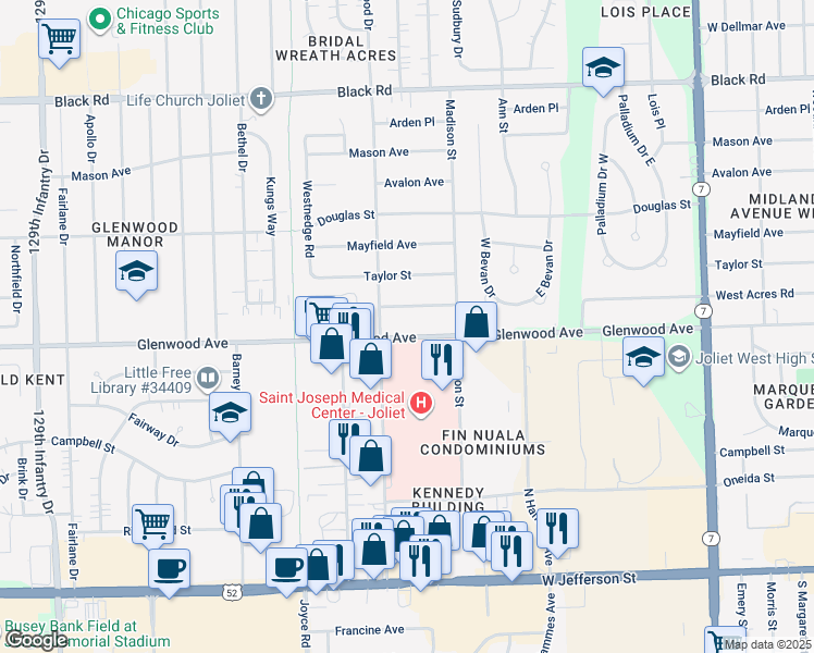 map of restaurants, bars, coffee shops, grocery stores, and more near 2226 West Acres Road in Joliet