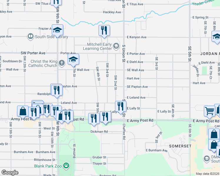 map of restaurants, bars, coffee shops, grocery stores, and more near 5907 Southwest 3rd Street in Des Moines