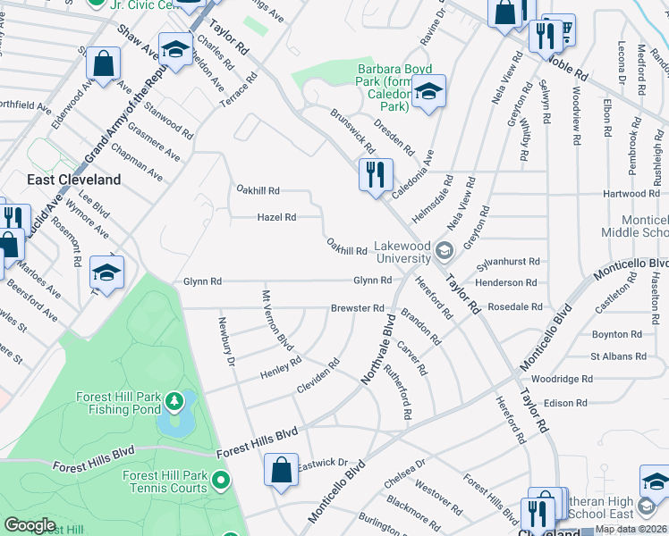 map of restaurants, bars, coffee shops, grocery stores, and more near 16210 Oakhill Road in East Cleveland