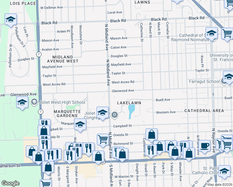 map of restaurants, bars, coffee shops, grocery stores, and more near 1316 Glenwood Avenue in Joliet