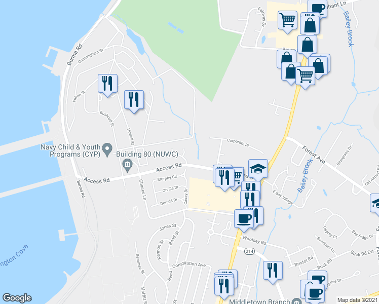 map of restaurants, bars, coffee shops, grocery stores, and more near 11 Admiralty Drive in Middletown