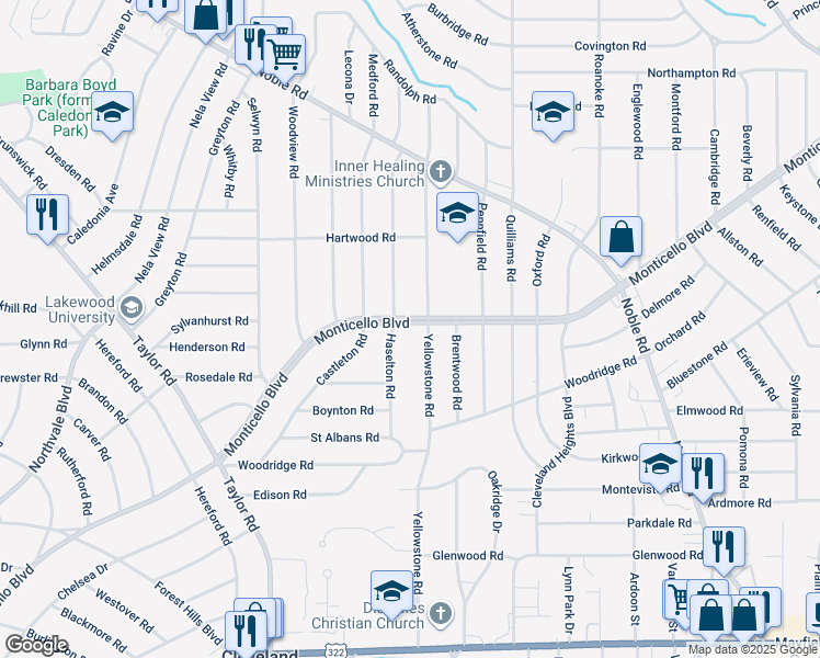map of restaurants, bars, coffee shops, grocery stores, and more near 1100 Yellowstone Road in Cleveland Heights