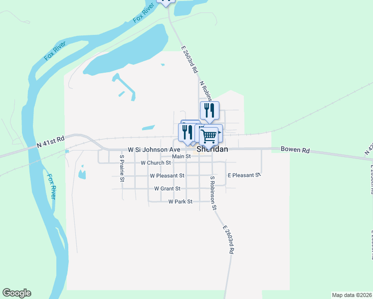 map of restaurants, bars, coffee shops, grocery stores, and more near 300 West Si Johnson Avenue in Sheridan