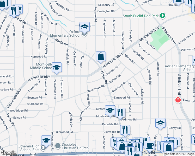 map of restaurants, bars, coffee shops, grocery stores, and more near 3808 Monticello Boulevard in Cleveland Heights