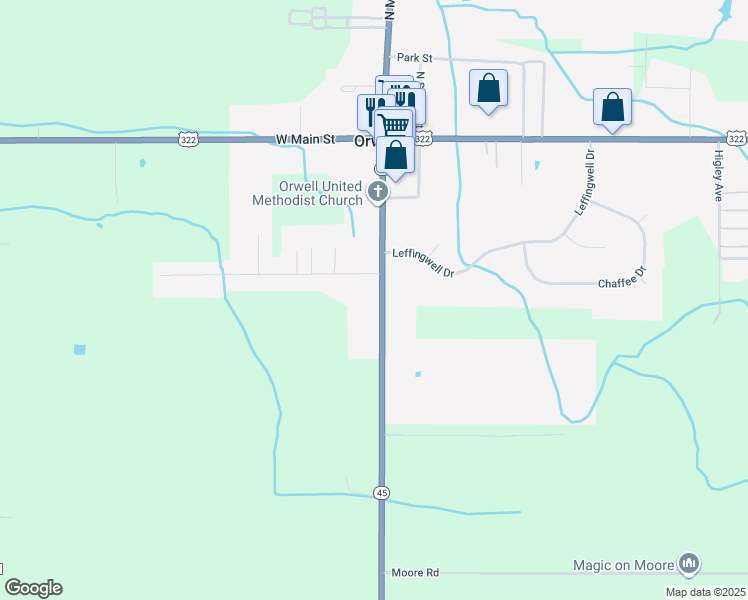map of restaurants, bars, coffee shops, grocery stores, and more near 169 Ohio 45 in Orwell