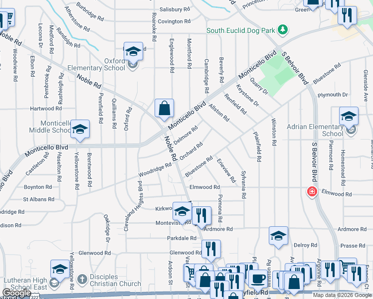 map of restaurants, bars, coffee shops, grocery stores, and more near 3942 Delmore Road in Cleveland Heights