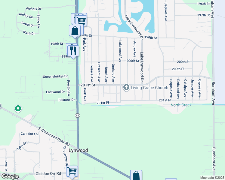 map of restaurants, bars, coffee shops, grocery stores, and more near 2600 201st Street in Lynwood