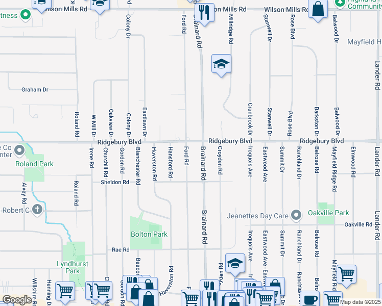 map of restaurants, bars, coffee shops, grocery stores, and more near 5580 Ridgebury Boulevard in Lyndhurst