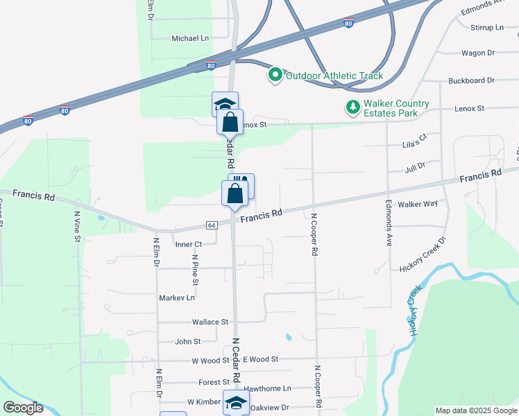map of restaurants, bars, coffee shops, grocery stores, and more near 115 Francis Road in New Lenox