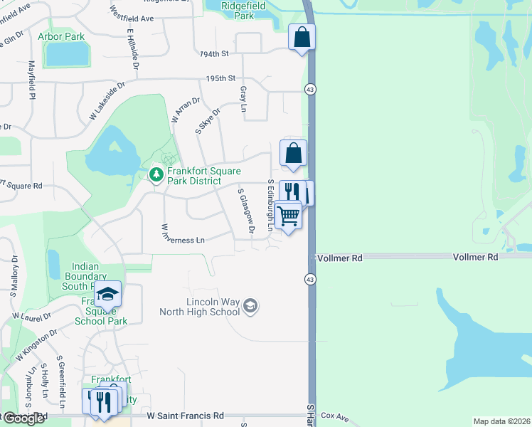 map of restaurants, bars, coffee shops, grocery stores, and more near 19800 South Edinburgh Lane in Frankfort