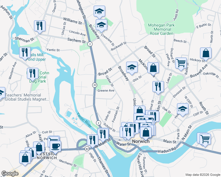 map of restaurants, bars, coffee shops, grocery stores, and more near 6 Peggy Lane in Norwich