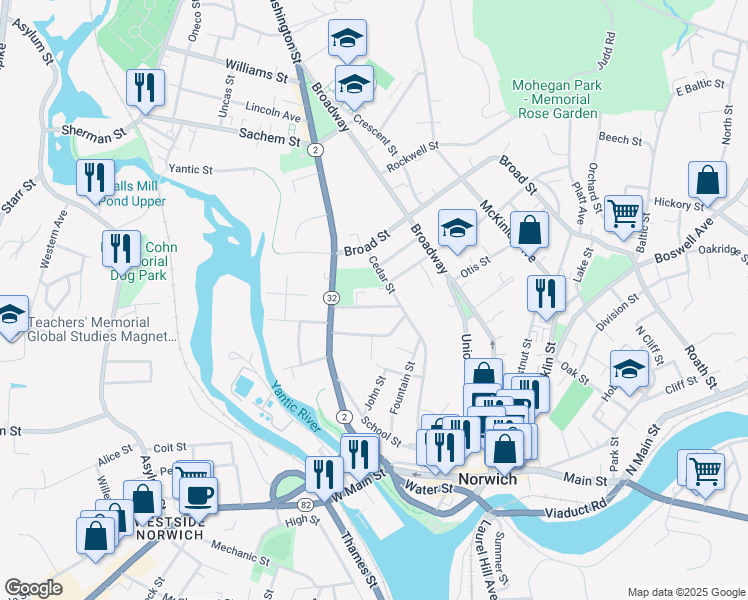 map of restaurants, bars, coffee shops, grocery stores, and more near 6 Peggy Lane in Norwich