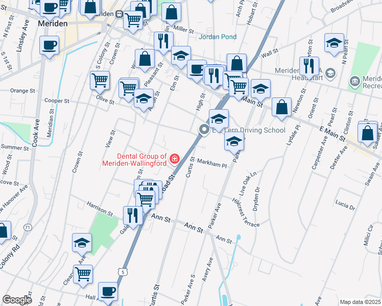 map of restaurants, bars, coffee shops, grocery stores, and more near in Meriden