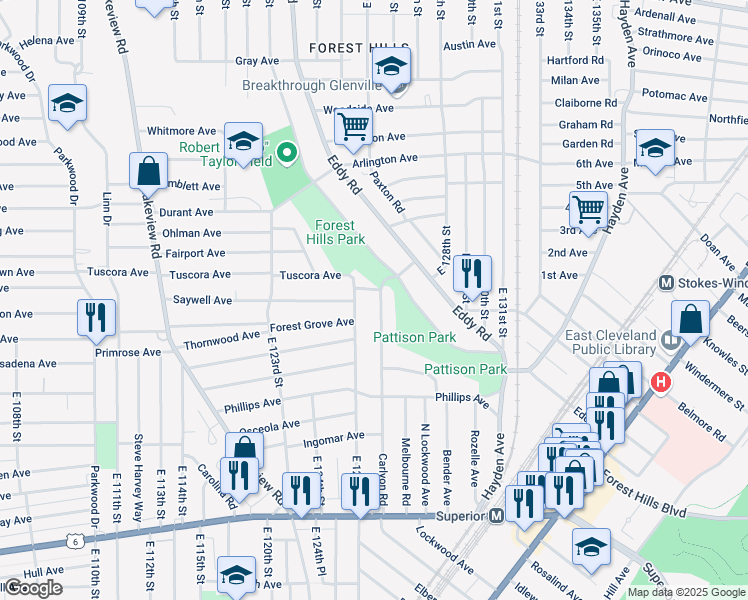 map of restaurants, bars, coffee shops, grocery stores, and more near 1037 Carlyon Road in East Cleveland