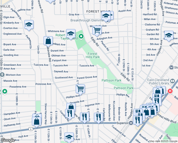 map of restaurants, bars, coffee shops, grocery stores, and more near 12342 Tuscora Avenue in Cleveland