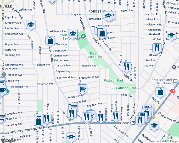 map of restaurants, bars, coffee shops, grocery stores, and more near 12342 Tuscora Avenue in Cleveland