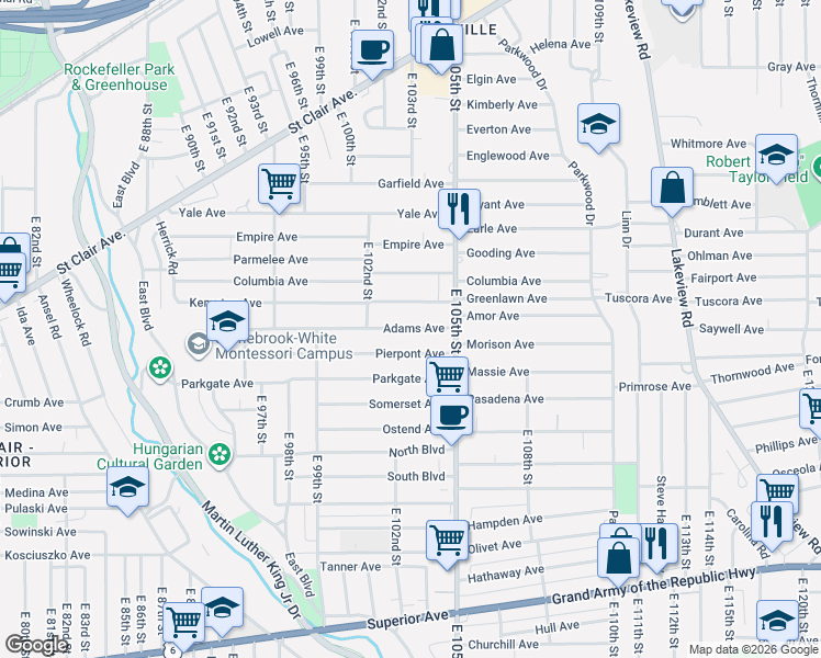 map of restaurants, bars, coffee shops, grocery stores, and more near 10226 Kempton Avenue in Cleveland