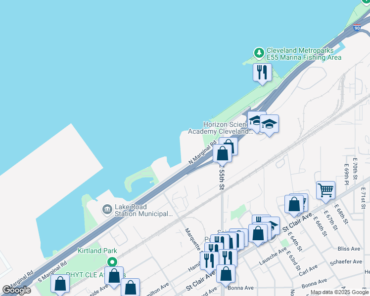 map of restaurants, bars, coffee shops, grocery stores, and more near 5455 North Marginal Road in Cleveland