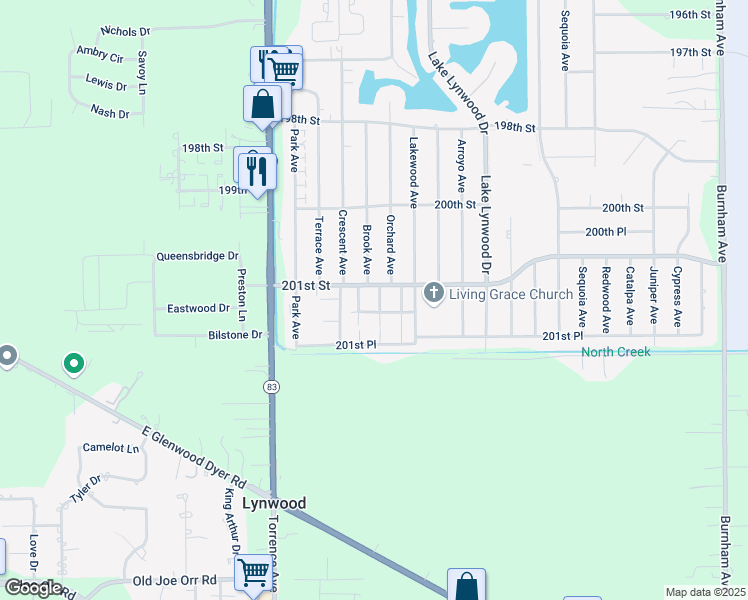 map of restaurants, bars, coffee shops, grocery stores, and more near 2600 201st Street in Lynwood