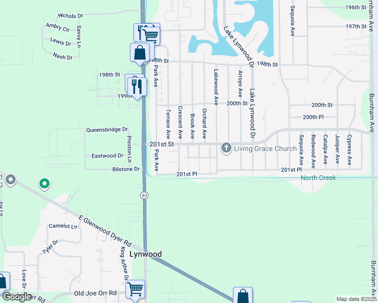 map of restaurants, bars, coffee shops, grocery stores, and more near 20079 Crescent Avenue in Lynwood